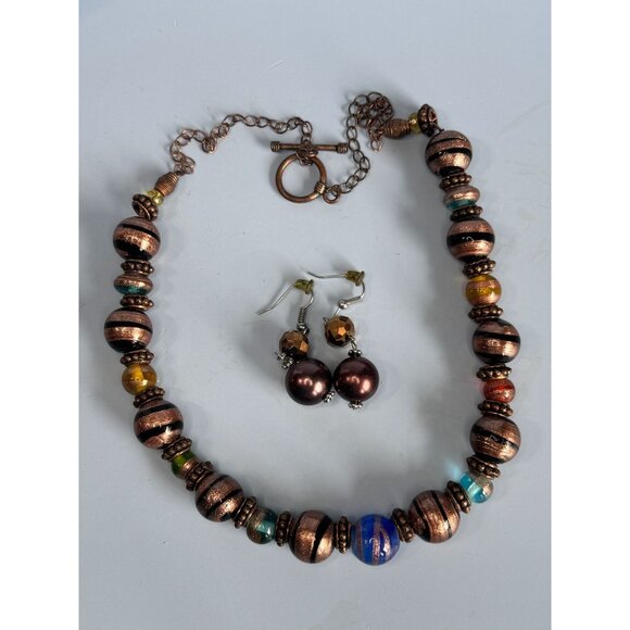 Copper Blue Green Orange Venetian Glass Beaded Necklace & Earrings Set - Picture 2 of 10